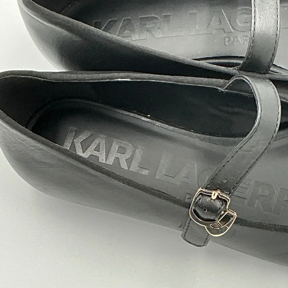 Karl Lagerfeld Paris Size 7 Black Leather Mary Jane Flats Gold Studs Veyda